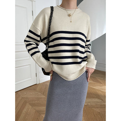 Damen Pullover Gestreift Rundhals Feinestricks weiß