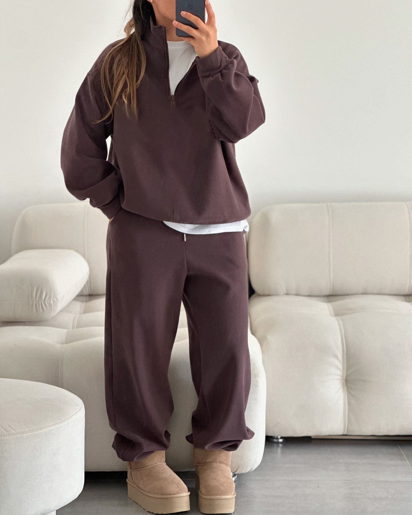 Damen Fleece Zip Hoodie Bequem Lässiger Schnitt Weite Ärmel Grau