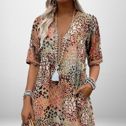 Damen Tunika-Kleid Muster V-Ausschnitt Eveloria