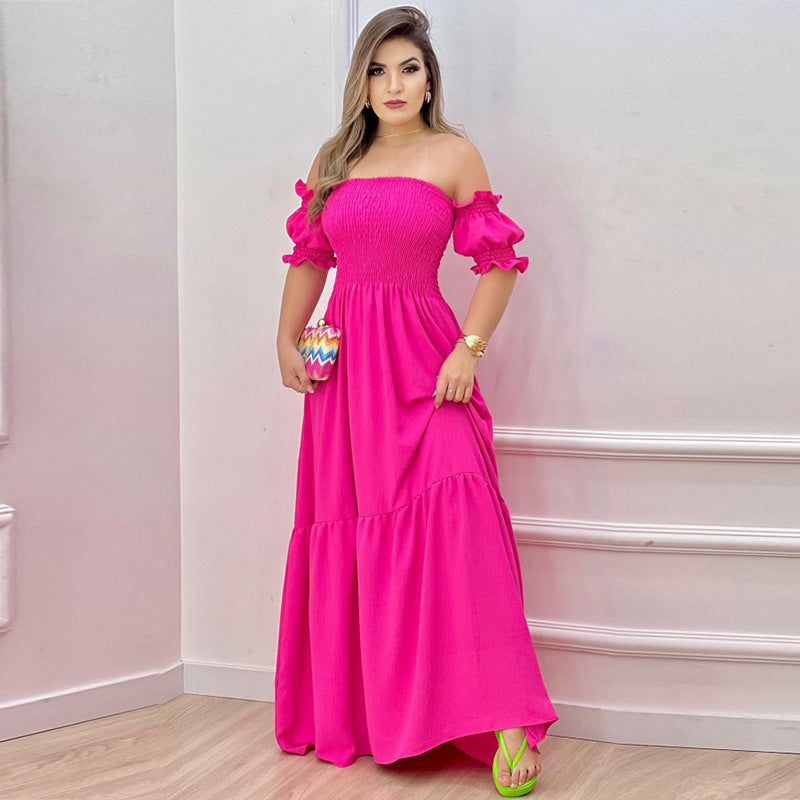 Damen Maxikleid Schulterfrei Rüschen Details Luftig Eveloria