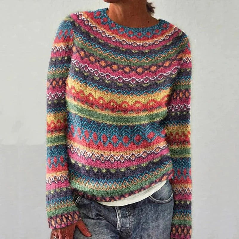 Damen Strickpullover Bunt Muster Lässig Eveloria