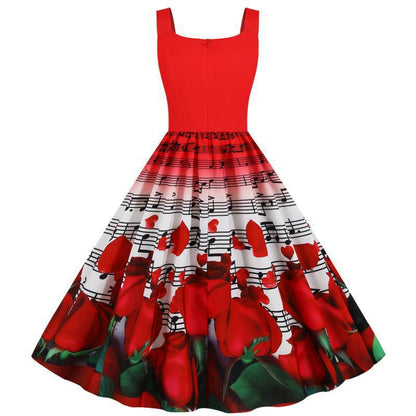 Damen Swingkleid Rosenmuster Weit Rock
