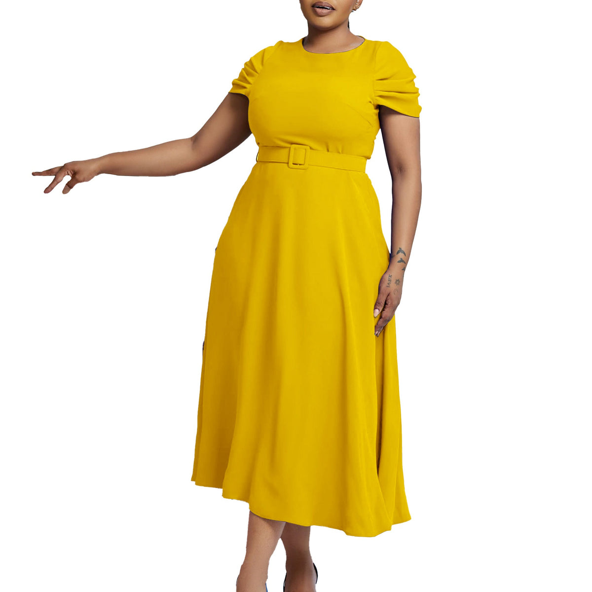 Damen Midi-Kleid mit Gummizug und schmalem Gürtel Eveloria