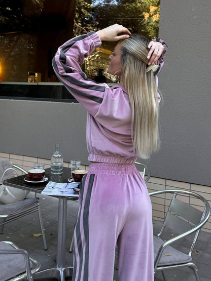 Damen Jogginganzug Velours Elastisch Hochkragen Eveloria