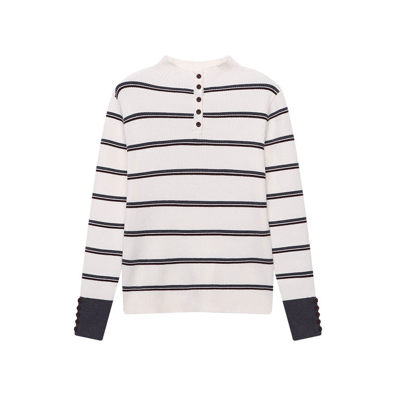 Damen Strickpullover Streifenlook Knopfleiste Eveloria