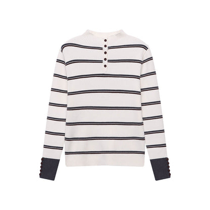Damen Strickpullover Streifenlook Knopfleiste Eveloria