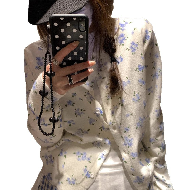 Damen Strickjacke Florales Design Klassischer Knopfverschluss