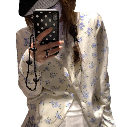 Damen Strickjacke Florales Design Klassischer Knopfverschluss