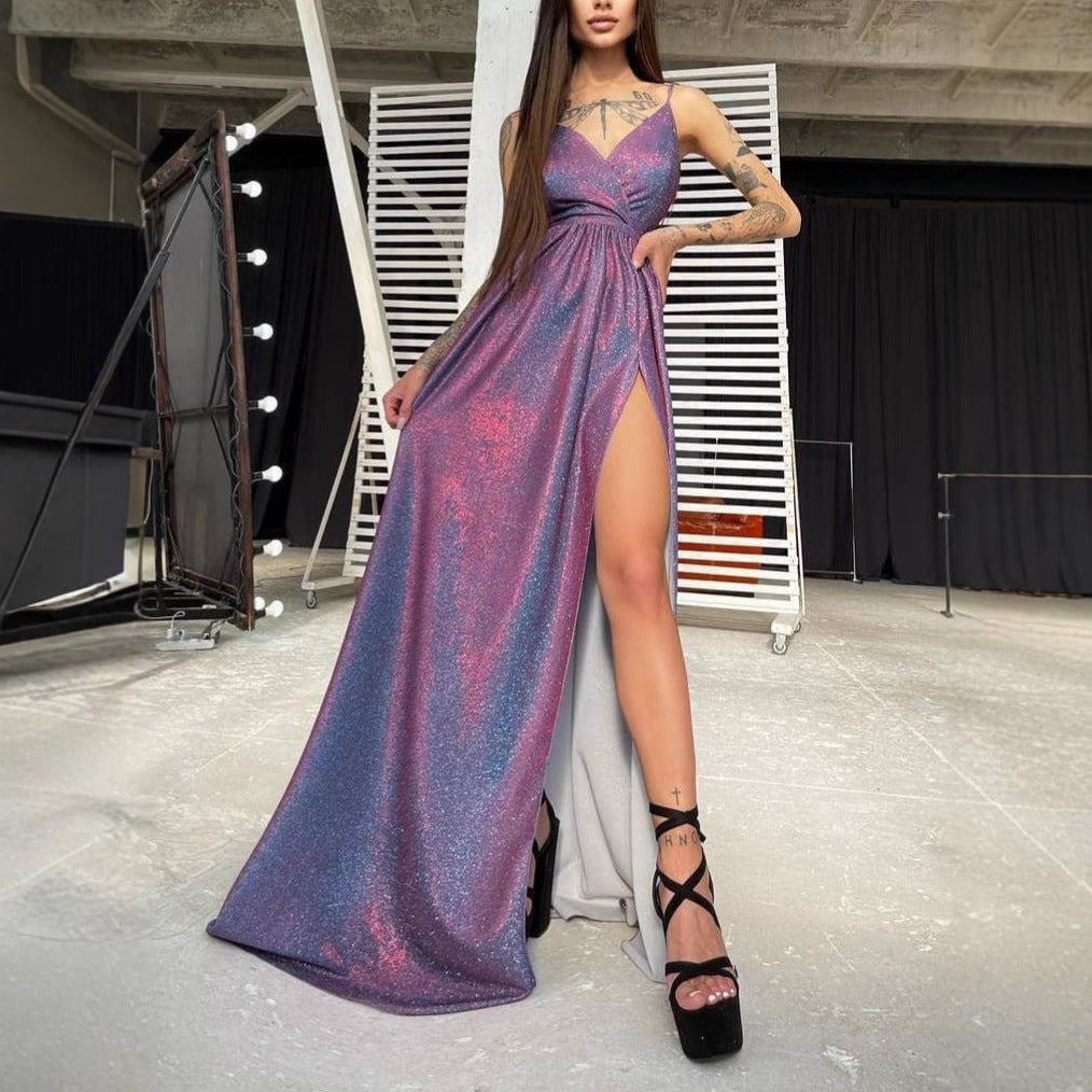 Damen Maxikleid Glitzer Wickeldesign Tiefes Dekolleté Schwarz - Eveloria
