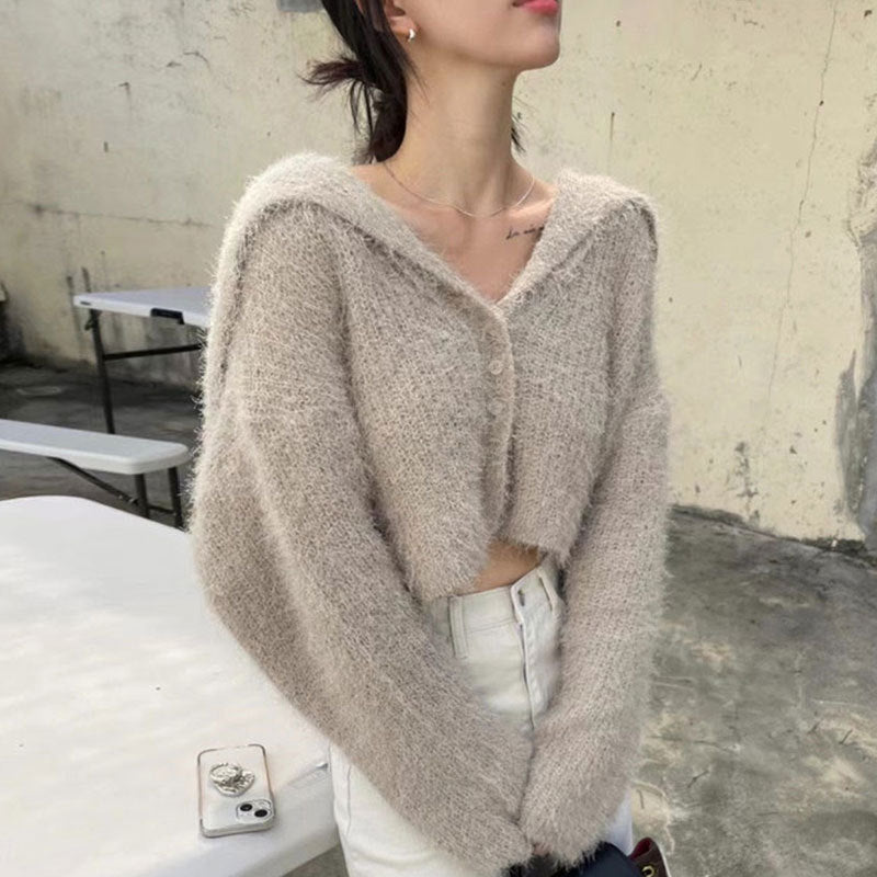 Damen Kurzstrickjacke mit Kapuze Weiches Material Beige - Eveloria