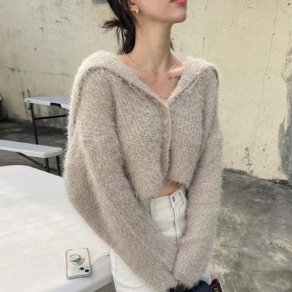 Damen Kurzstrickjacke mit Kapuze Weiches Material Beige - Eveloria