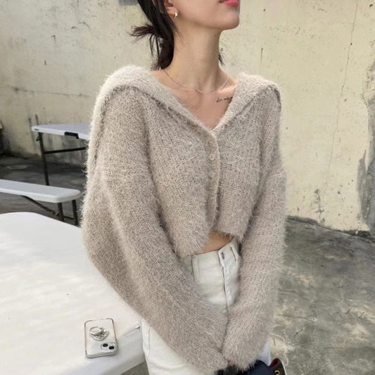 Damen Kurzstrickjacke mit Kapuze Weiches Material Beige - Eveloria