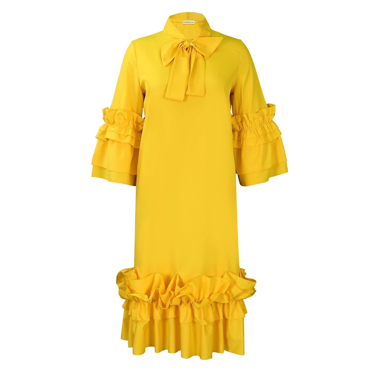 Damen Midi-Kleid Voluminöse Rüschenärmel Elegante Schleife