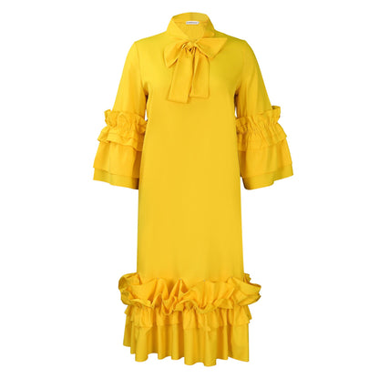 Damen Midi-Kleid Voluminöse Rüschenärmel Elegante Schleife