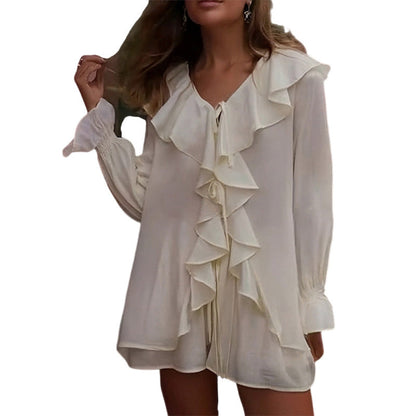 Damen Bluse mit Rüschendetails und Bindebändern Eveloria