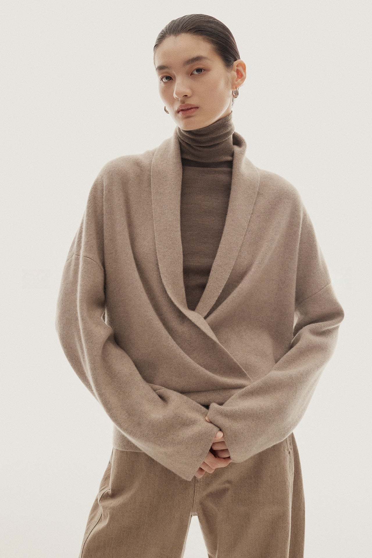 Damen Wickelpullover aus Wolle Weich Elegantes Design Beige