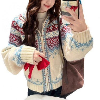 Damen Strickjacke Nordisches Muster V-Ausschnitt Eveloria