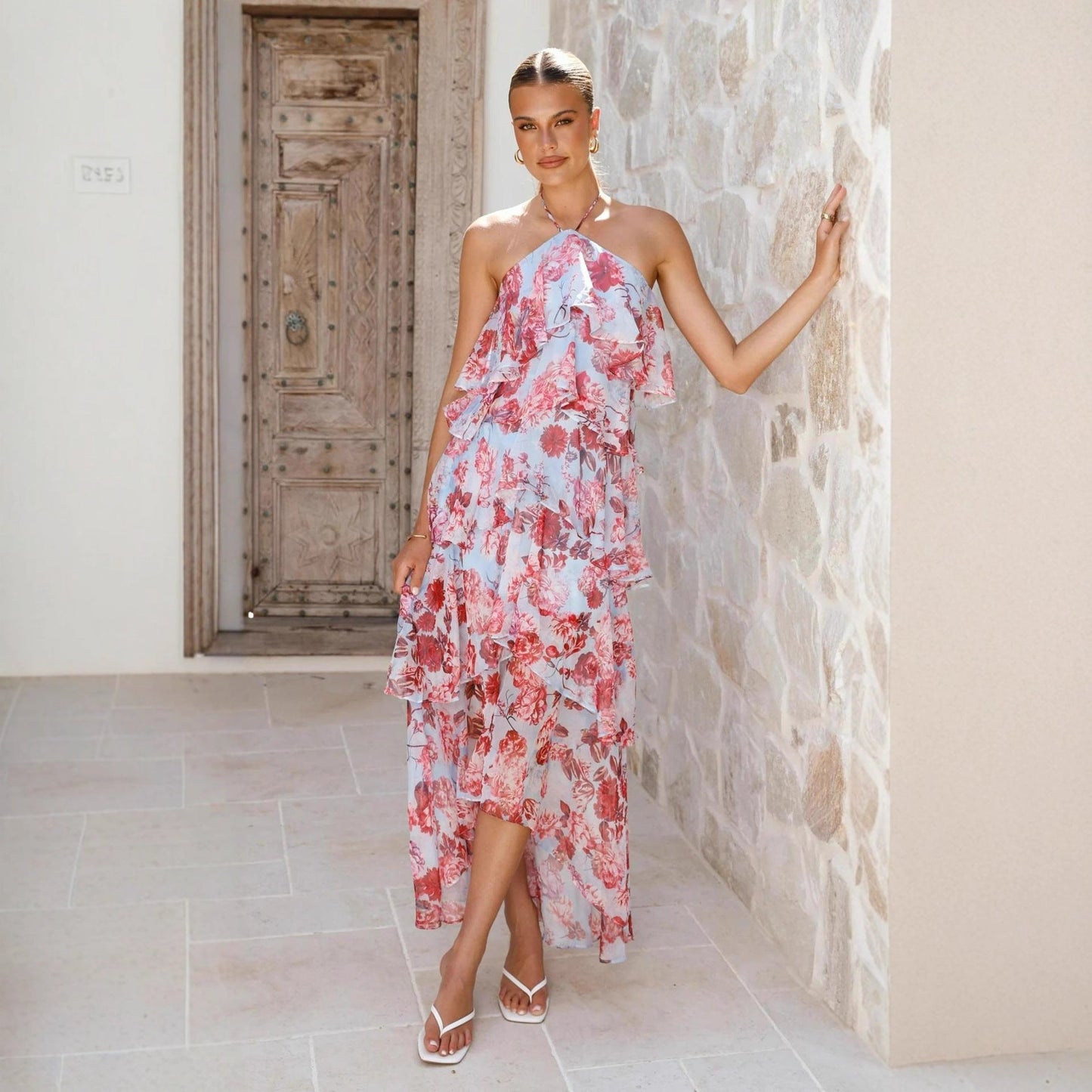 Damen Maxikleid mit Überwurf und Rüschen Floral Elegant