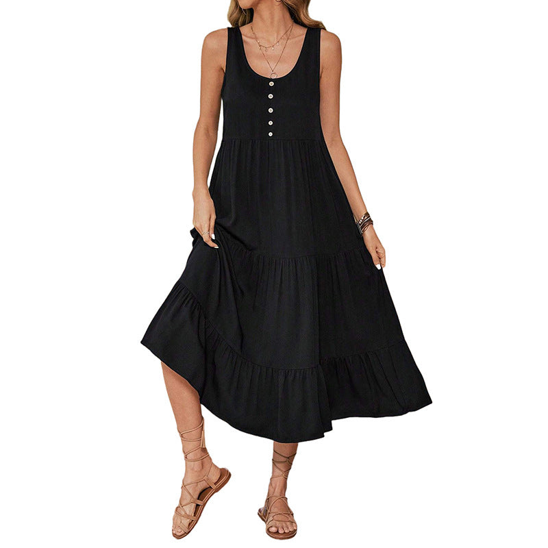 Damen Maxikleid Volant Knöpfe Eveloria