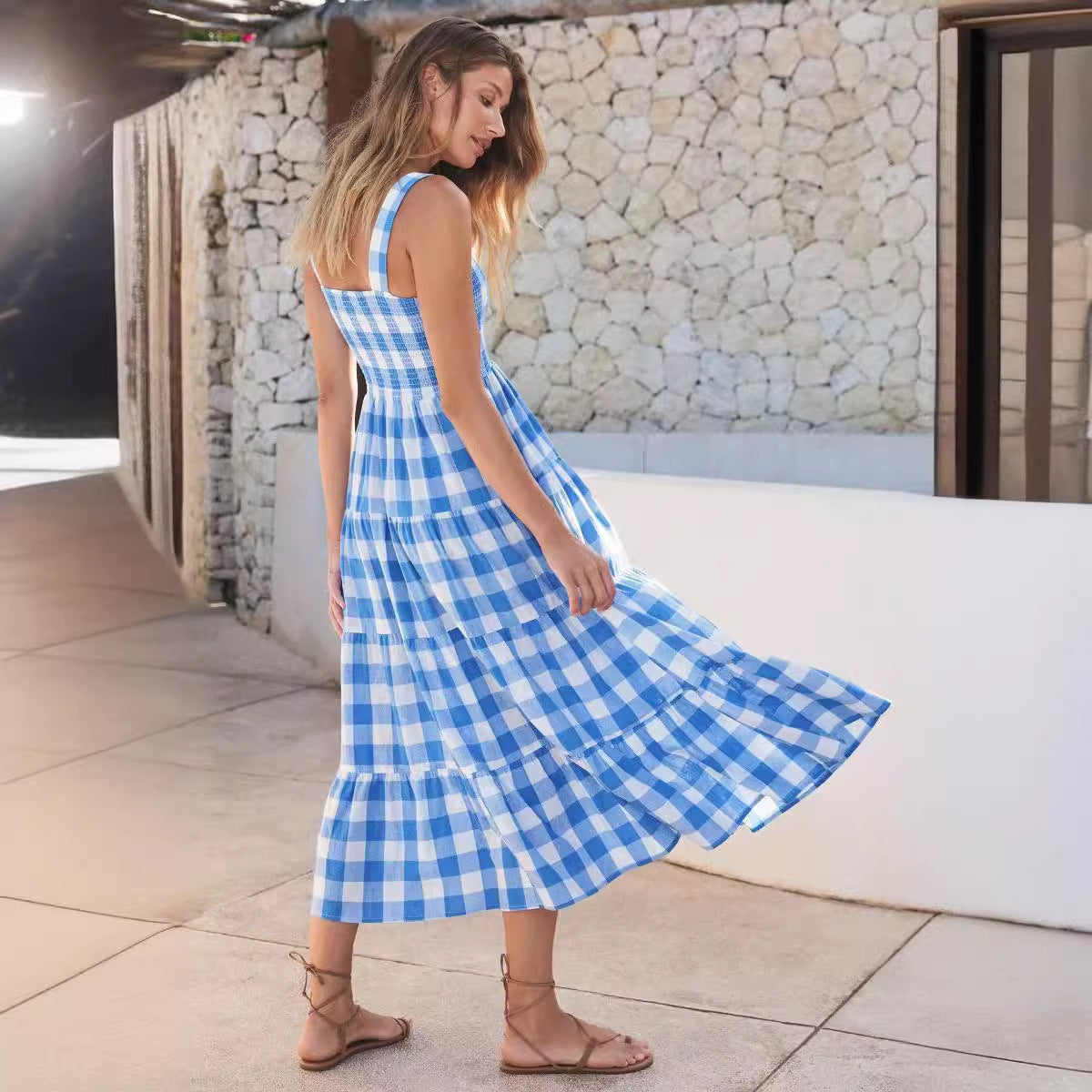 Damen Maxikleid Karomuster Fließender Schnitt Sommerlich Eveloria