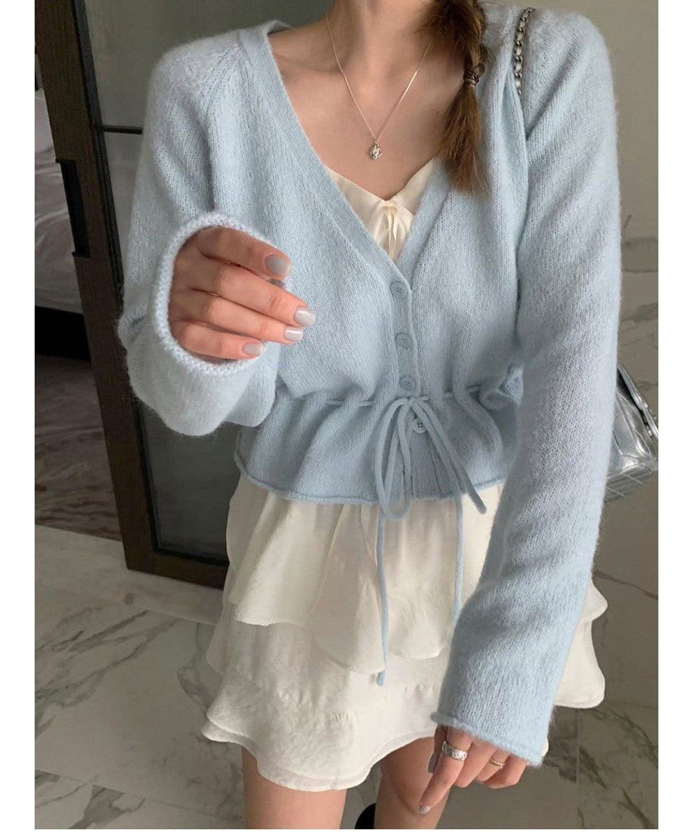 Damen Strickjacke Tailliert Mit Gürtel Beige