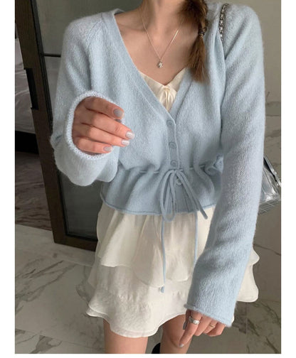 Damen Strickjacke Tailliert Mit Gürtel Beige