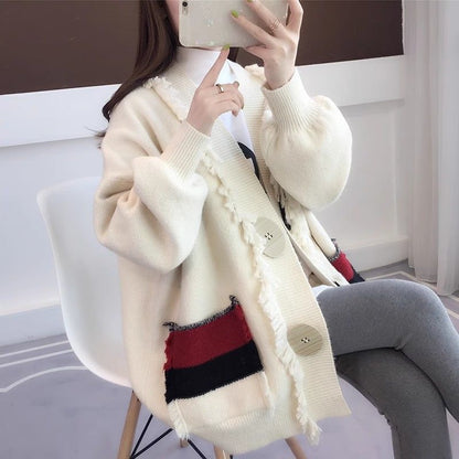 Damen Strickjacke Lässig Französische Details Beige