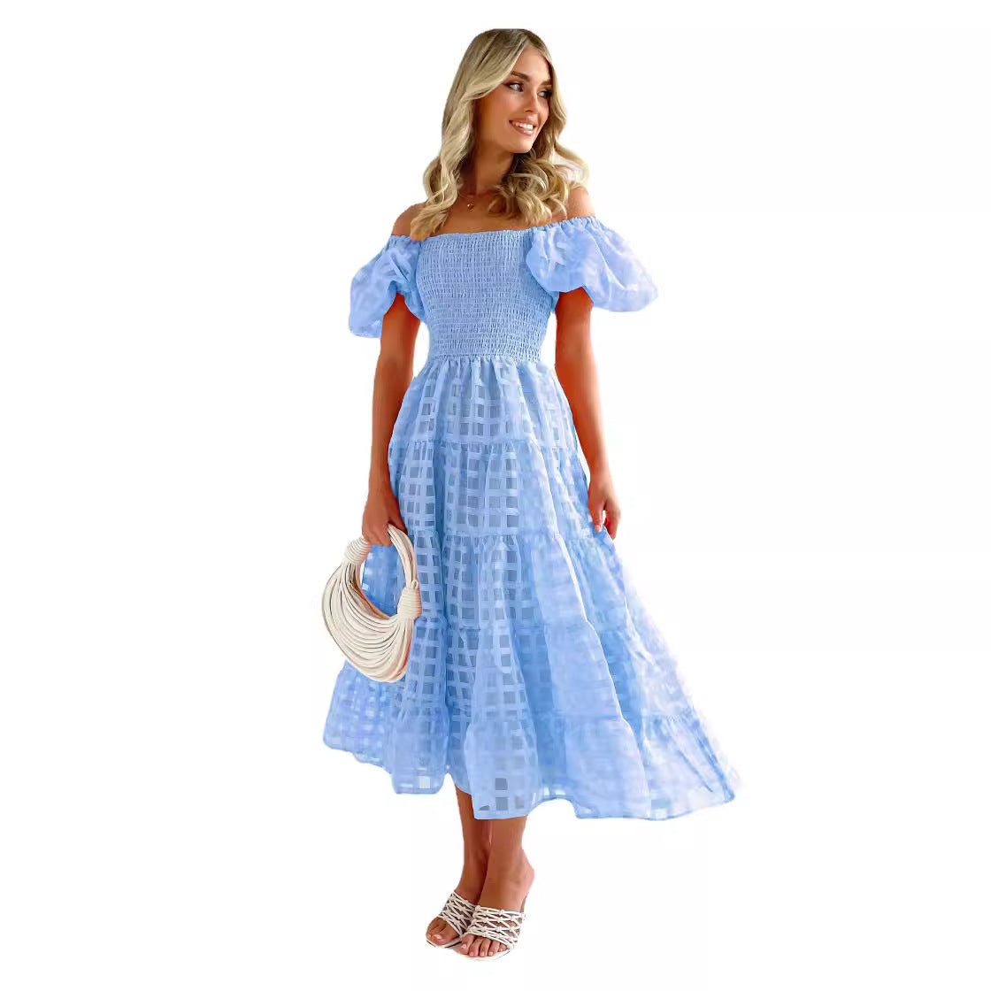Damen Maxi-Kleid Puffärmel Elastisch Eveloria
