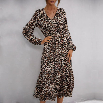 Damen Maxikleid Leopardenmuster Taillengürtel Schwarz - Eveloria