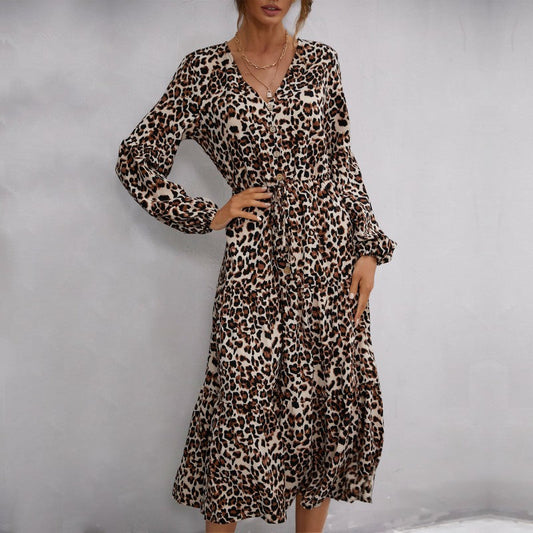 Damen Maxikleid Leopardenmuster Taillengürtel Schwarz - Eveloria