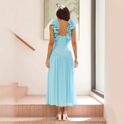Damen Maxikleid V-Ausschnitt Rüschen Fließend Eveloria