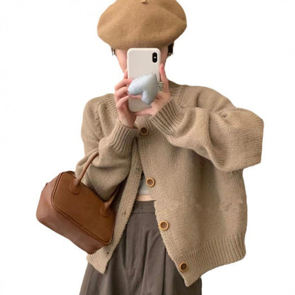 Damen Strickjacke Lässig Kontrastknöpfe Beige