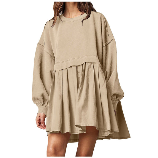 Damen Oversized Sweatshirtkleid Plissee-Rock Rundhals Bischofsärmel - Eveloria