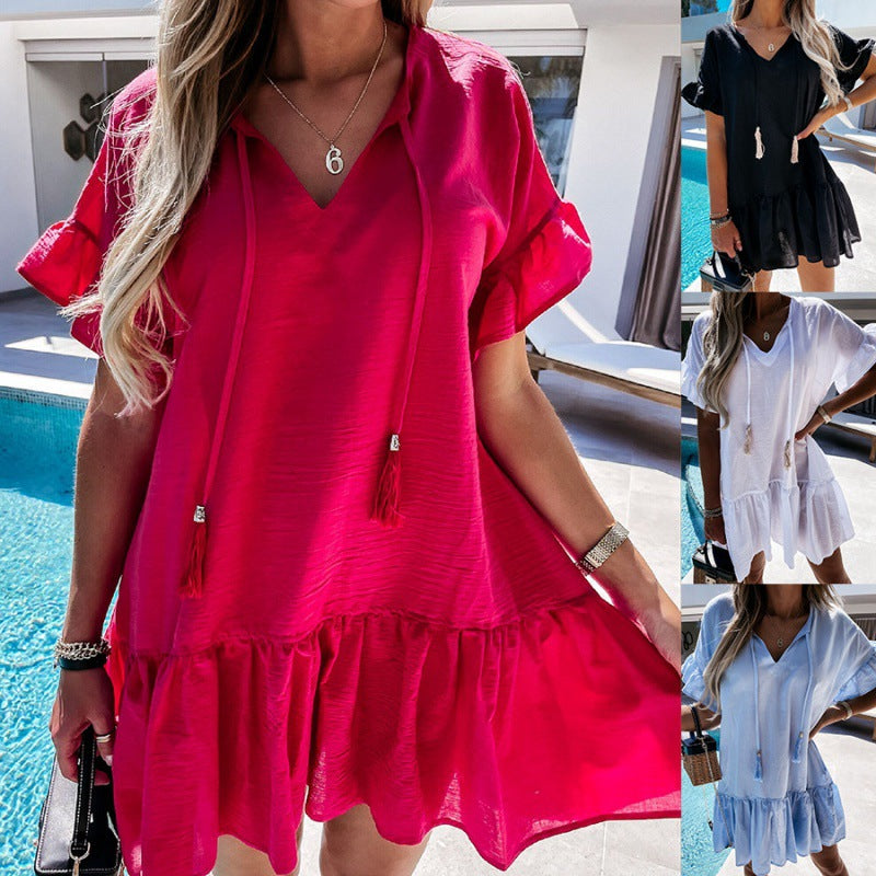 Damen Sommerkleid V-Ausschnitt Rüschendetails Kurzärmelig