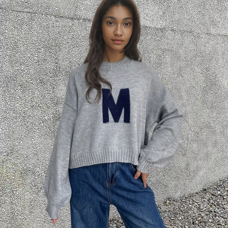 Damen Oversized Strickpullover mit Frontmotiv Eveloria