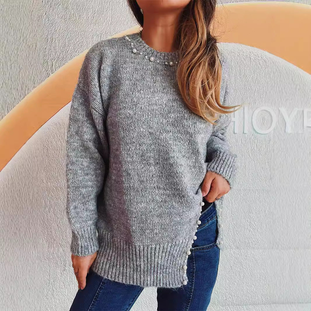 Damen Pullover Kuschelfaser Filigrane Perlenverzierung Anthrazit