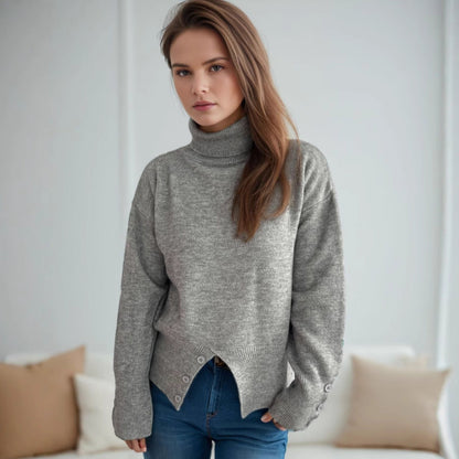 Damen Rollkragenpullover Knopfdetails Eveloria