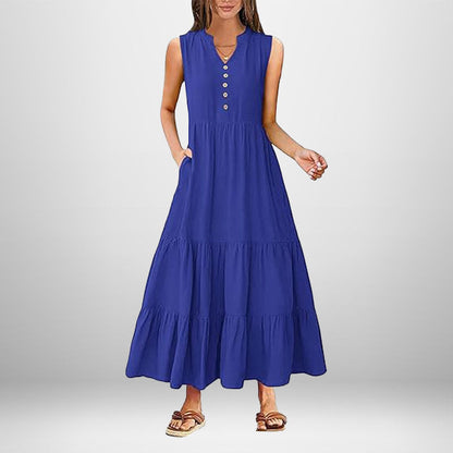 Damen Maxikleid Knopfdetail Seitentaschen Eveloria