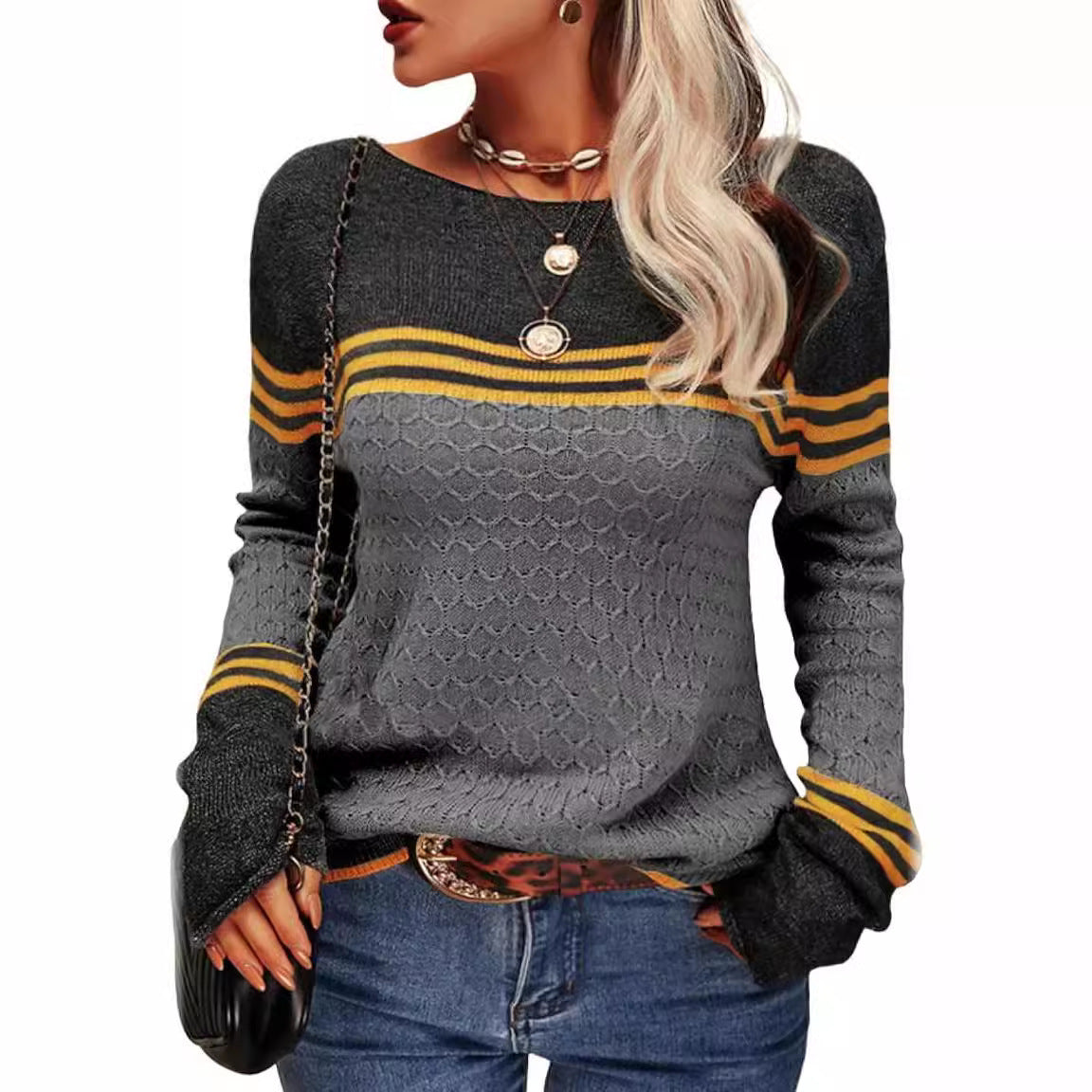 Damen Strickpullover Kontrastfarben Einzigartige Textur Grau