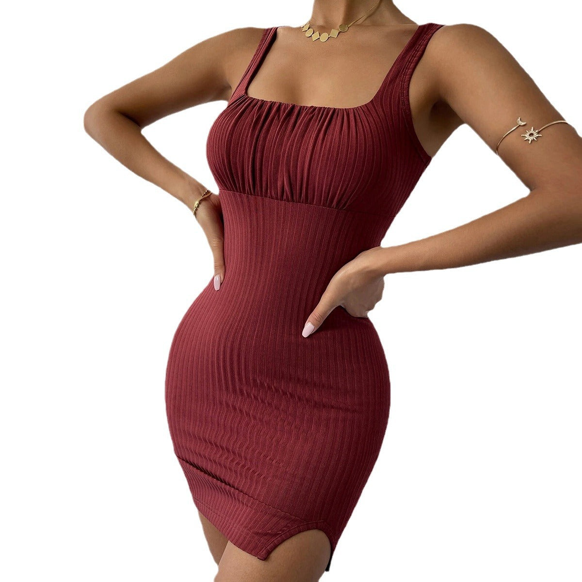 Eveloria Damen Rippkleid Quadrat-Ausschnitt Hoch-Schlitz Figurbetont