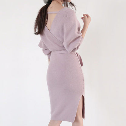Damen Strickkleid Wickeloptik Länge Mit langen Ärmeln