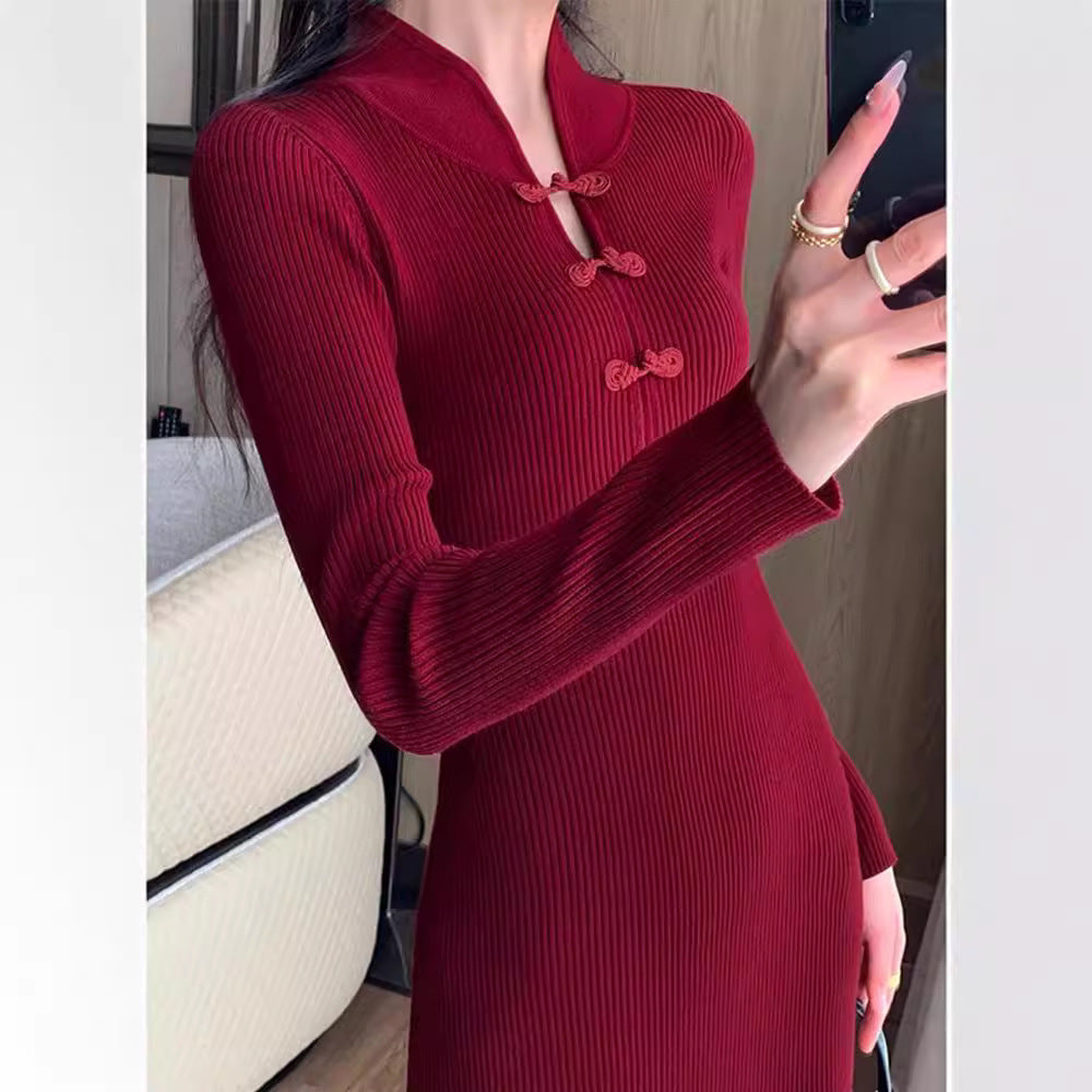 Damen Strickkleid Langärmlig mit Knopfleiste Eveloria