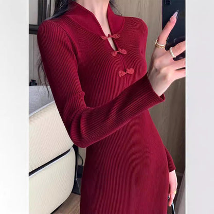 Damen Strickkleid Langärmlig mit Knopfleiste Eveloria