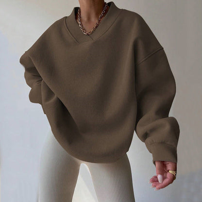 Damen Oversized Sweatshirt V-Ausschnitt Breite Ärmel Grau Eveloria - Eveloria