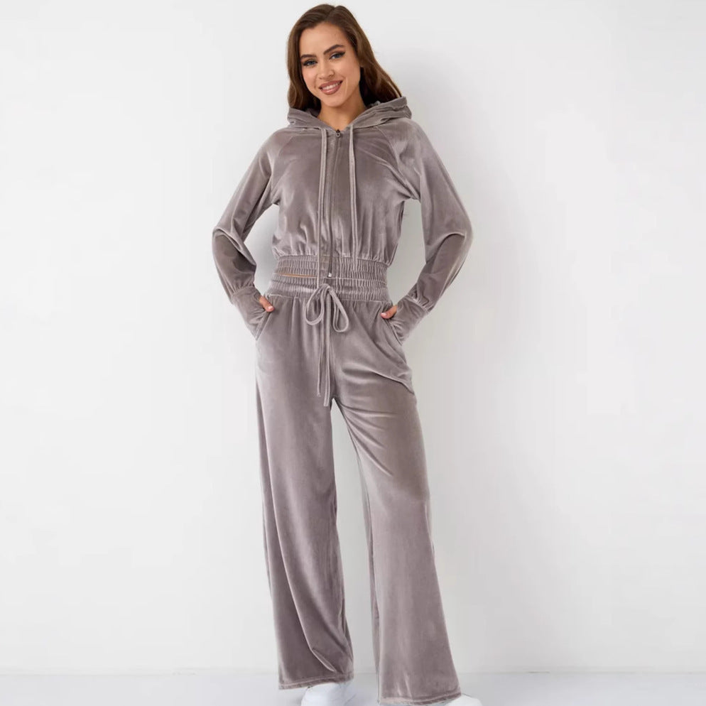 Damen Velours-Jogginganzug Cropped Kapuze Weite Passform Schwarz - Eveloria