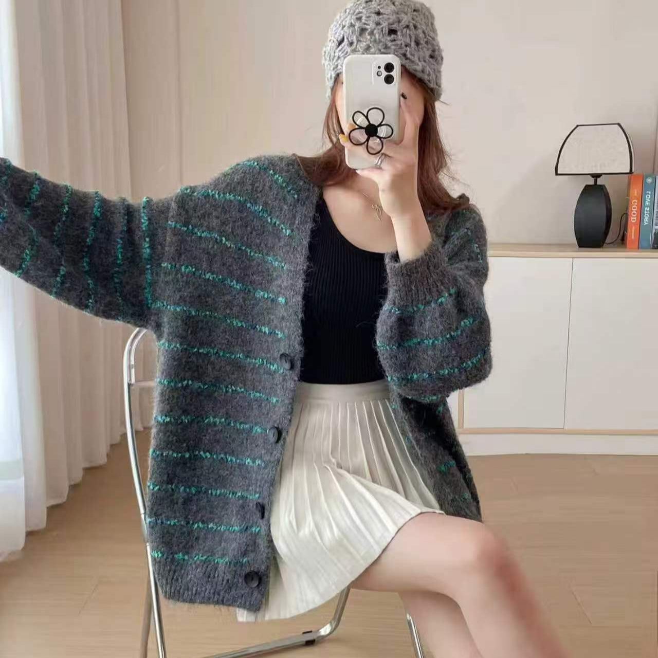 Damen Grobstrickcardigan Kontraststreifen Weich Ärmel