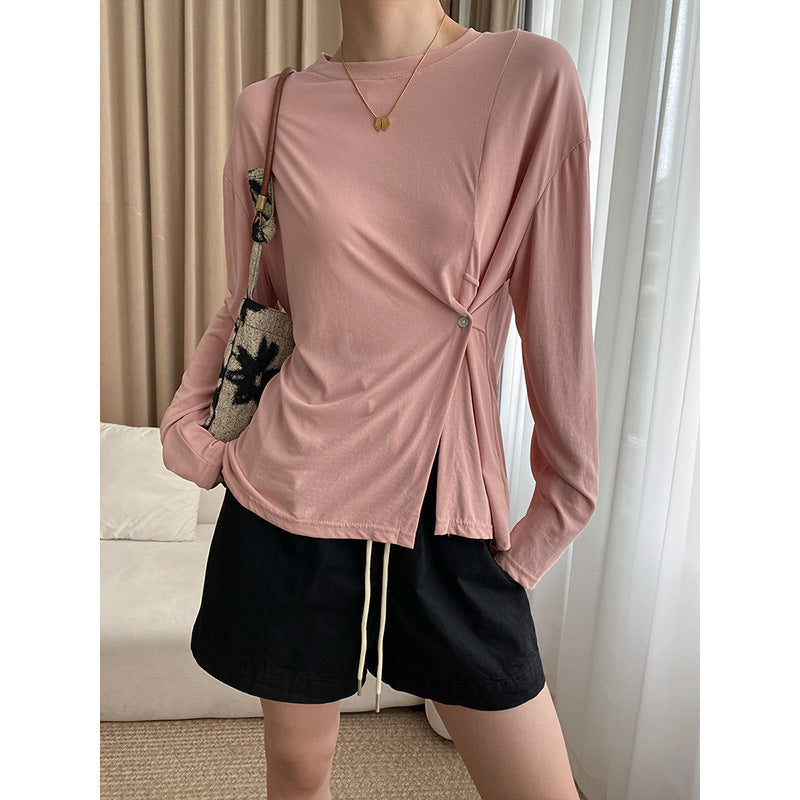 Damen Oberteil Langarm Asymmetrisch Knopfdetails Eveloria