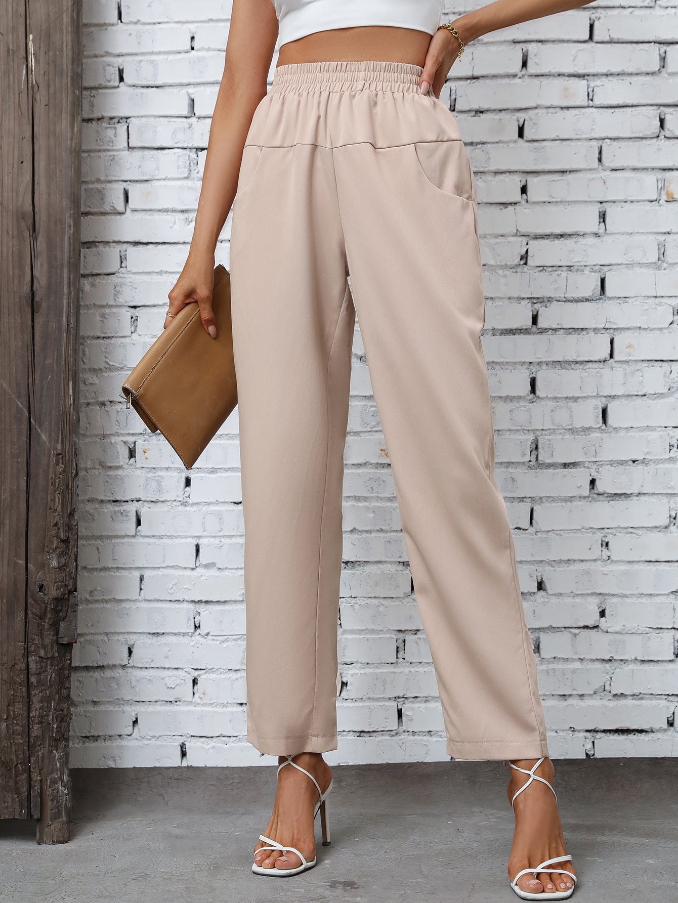 Damen Freizeithose Elastischer Bund Seitentaschen Beige Eveloria