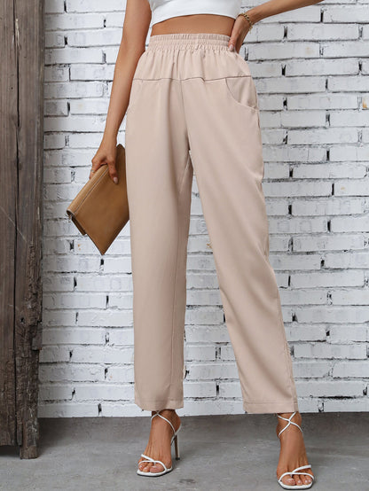 Damen Freizeithose Elastischer Bund Seitentaschen Beige Eveloria