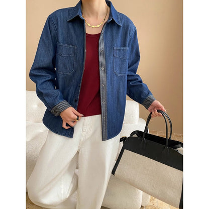 Damen Denim-Hemdjacke Lässig Kariert Blau Eveloria